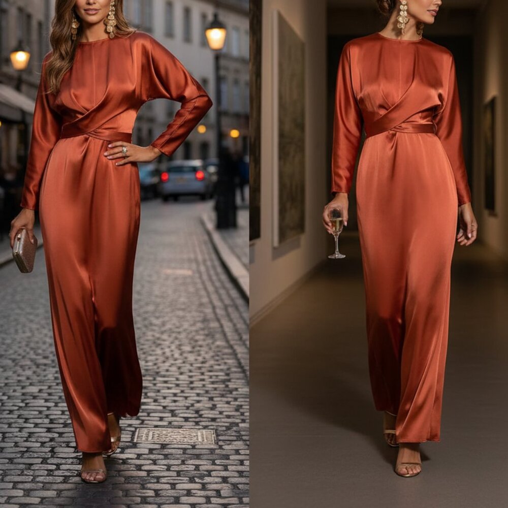 ASOS DESIGN satin maxi dress with batwing sleeve and wrap waist in Soft Rust